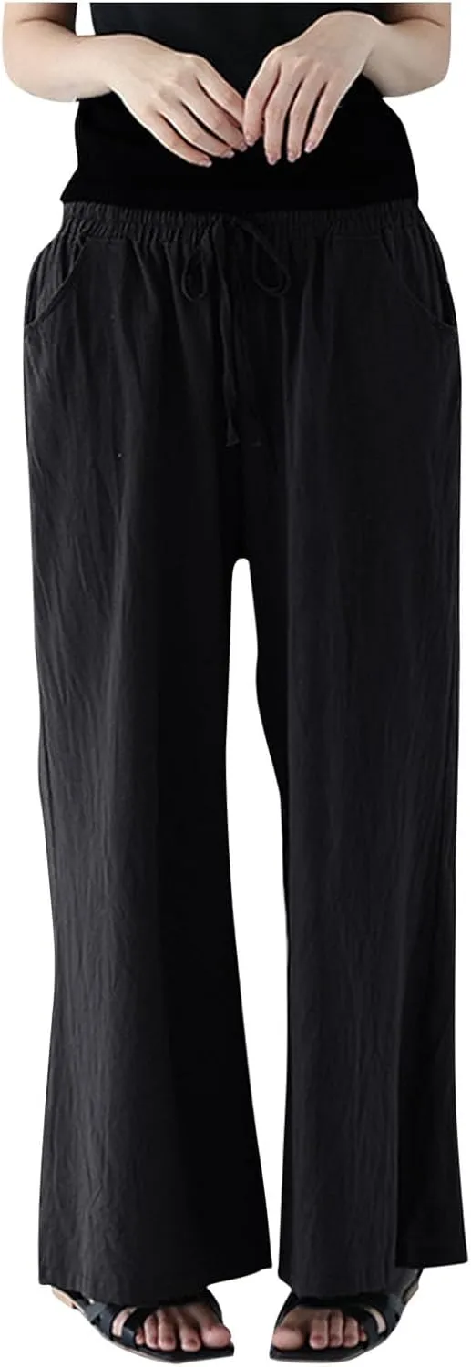FZYLQY Women Drawstring Summer Linen Palazzo Pants Boho High Waisted Wide Leg Casual Long Lounge Pant Trousers with Pockets