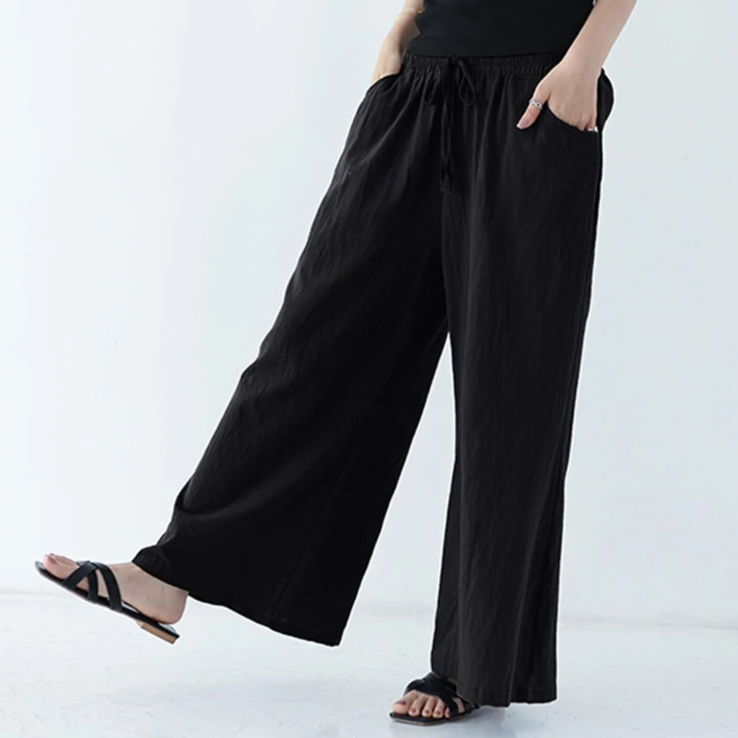 FZYLQY Women Drawstring Summer Linen Palazzo Pants Boho High Waisted Wide Leg Casual Long Lounge Pant Trousers with Pockets
