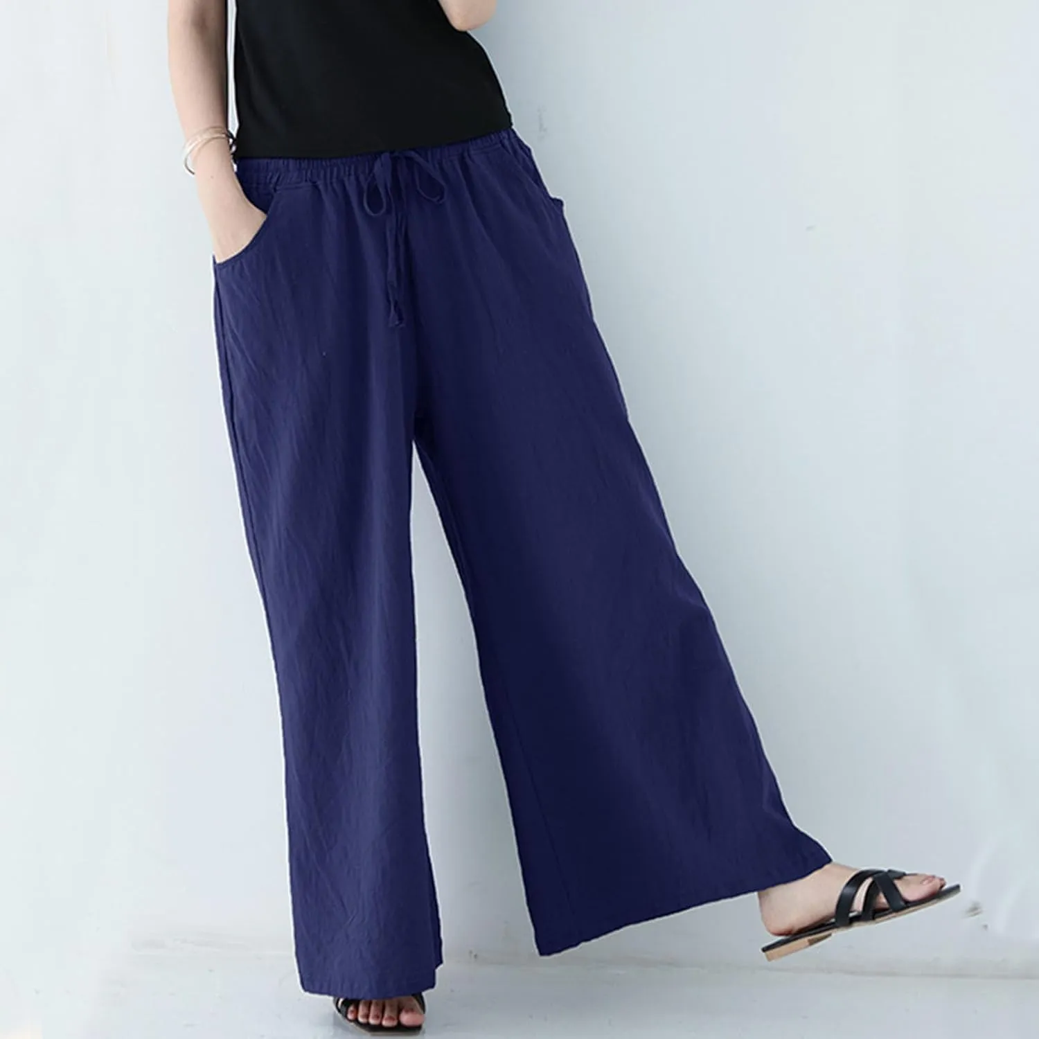 FZYLQY Women Drawstring Summer Linen Palazzo Pants Boho High Waisted Wide Leg Casual Long Lounge Pant Trousers with Pockets