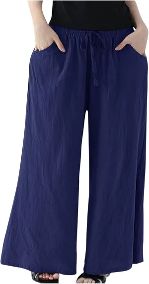 FZYLQY Women Drawstring Summer Linen Palazzo Pants Boho High Waisted Wide Leg Casual Long Lounge Pant Trousers with Pockets