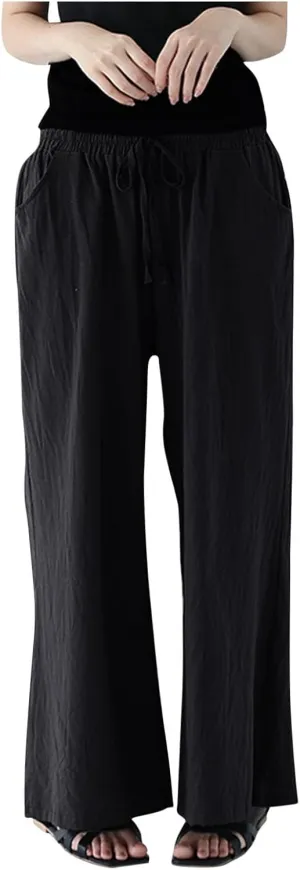 FZYLQY Women Drawstring Summer Linen Palazzo Pants Boho High Waisted Wide Leg Casual Long Lounge Pant Trousers with Pockets