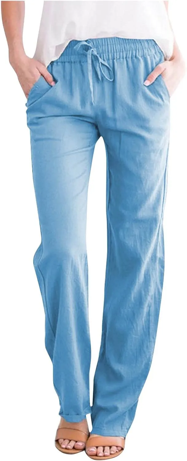 FZYLQY Womens Casual Cotton Linen Pants Lightweight Summer Relax Fit Elastic Waist Pants Plus Size Solid Lounge Trousers