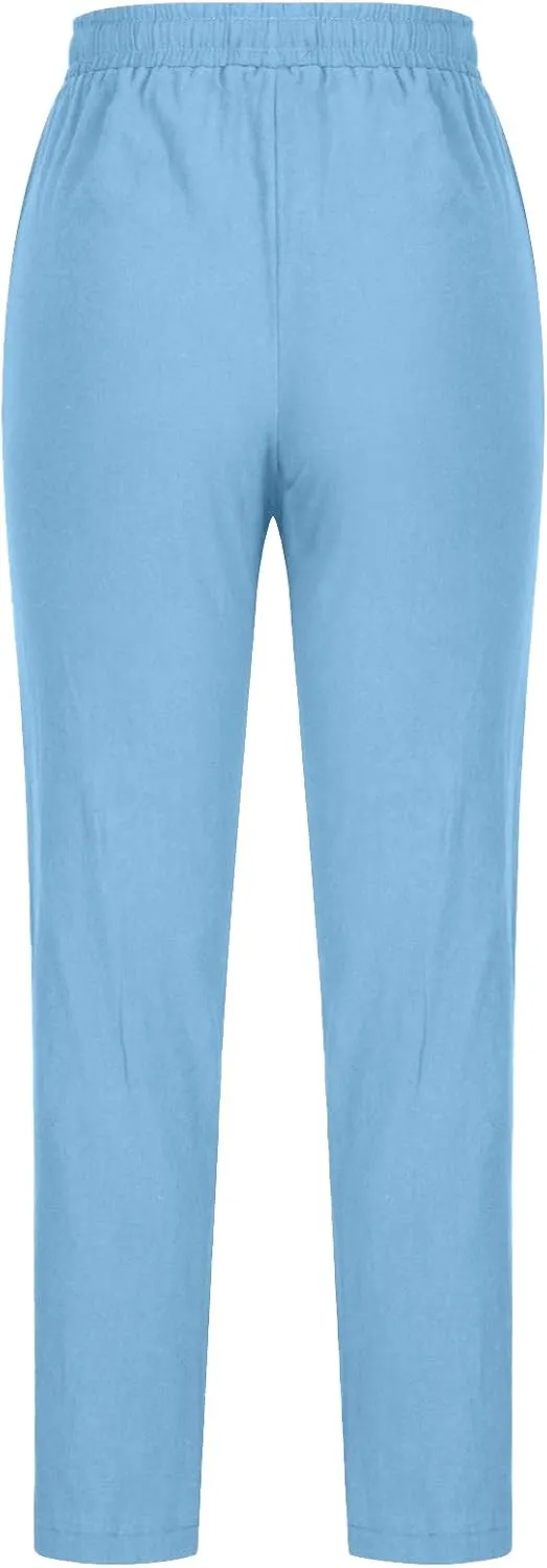 FZYLQY Womens Casual Cotton Linen Pants Lightweight Summer Relax Fit Elastic Waist Pants Plus Size Solid Lounge Trousers