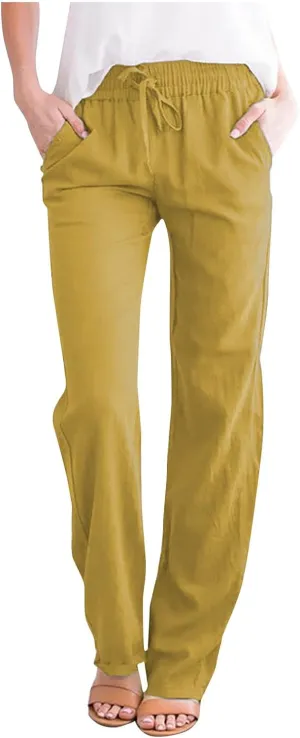 FZYLQY Womens Casual Cotton Linen Pants Lightweight Summer Relax Fit Elastic Waist Pants Plus Size Solid Lounge Trousers