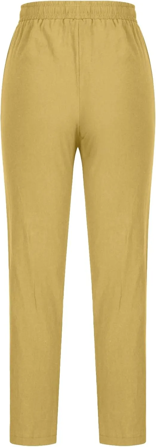 FZYLQY Womens Casual Cotton Linen Pants Lightweight Summer Relax Fit Elastic Waist Pants Plus Size Solid Lounge Trousers