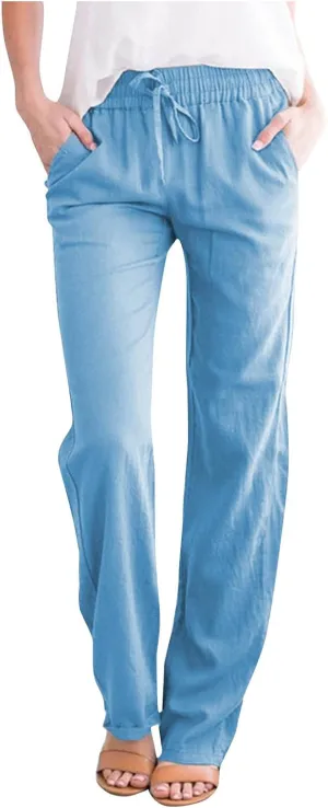 FZYLQY Womens Casual Cotton Linen Pants Lightweight Summer Relax Fit Elastic Waist Pants Plus Size Solid Lounge Trousers