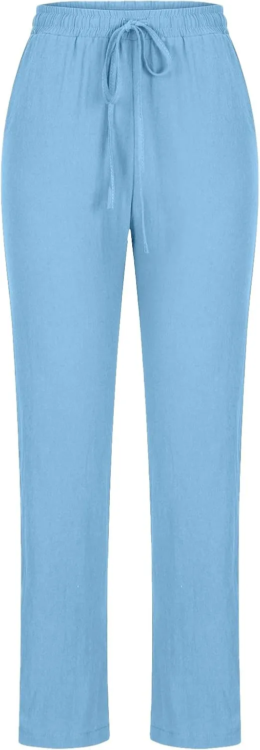 FZYLQY Womens Casual Cotton Linen Pants Lightweight Summer Relax Fit Elastic Waist Pants Plus Size Solid Lounge Trousers