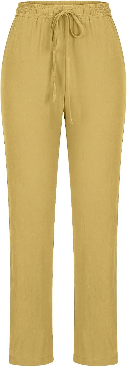 FZYLQY Womens Casual Cotton Linen Pants Lightweight Summer Relax Fit Elastic Waist Pants Plus Size Solid Lounge Trousers