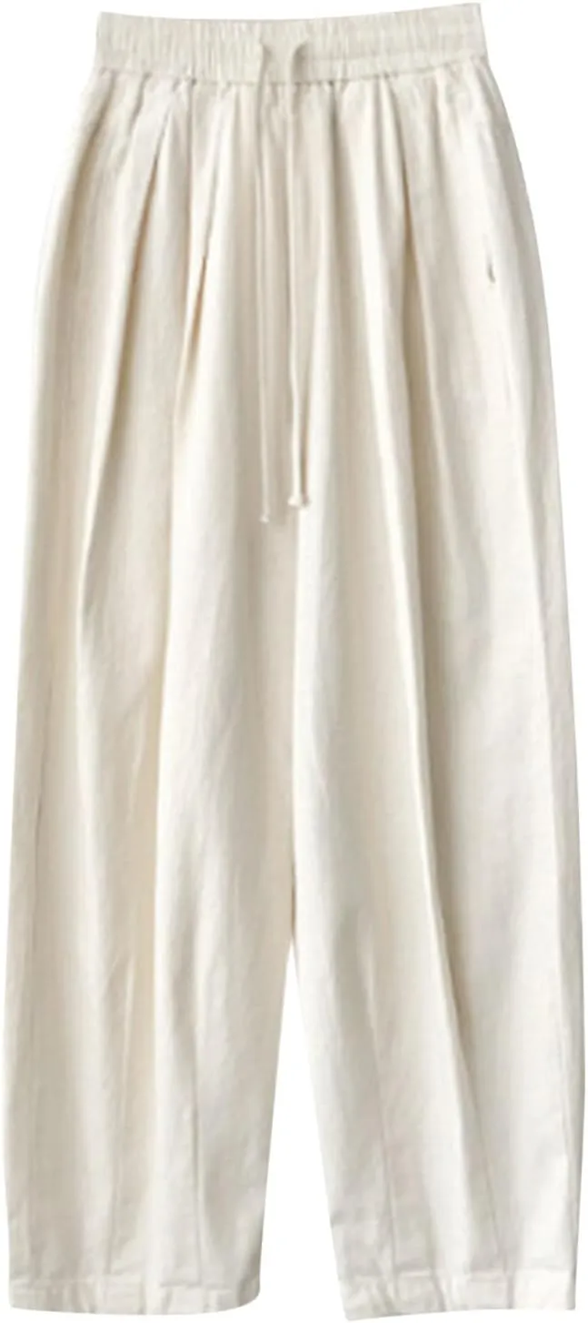 FZYLQY Women's Cotton Linen Pants Casual Baggy Harem Pants Loose Fit High Waisted Beach Drawstring Palazzo Trousers Pockets