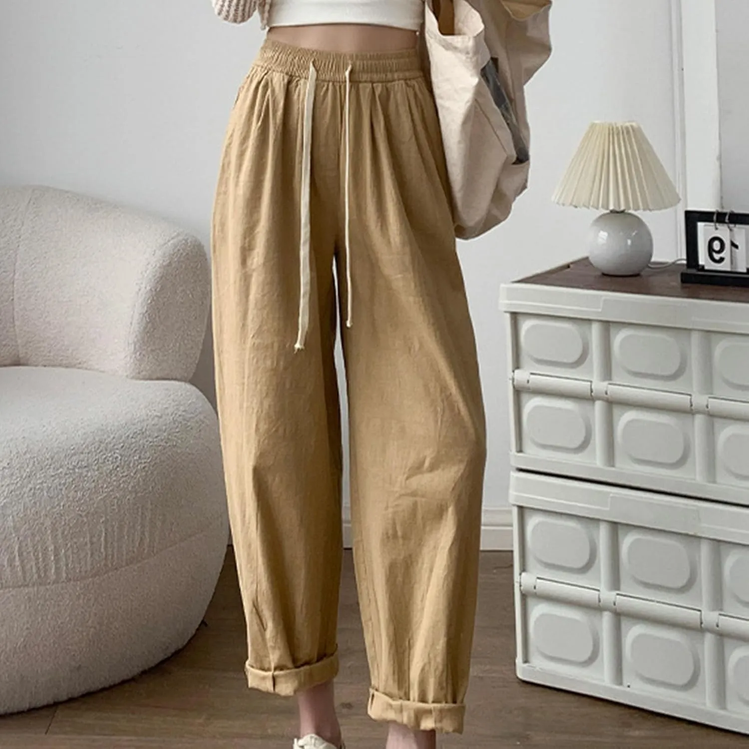 FZYLQY Women's Cotton Linen Pants Casual Baggy Harem Pants Loose Fit High Waisted Beach Drawstring Palazzo Trousers Pockets