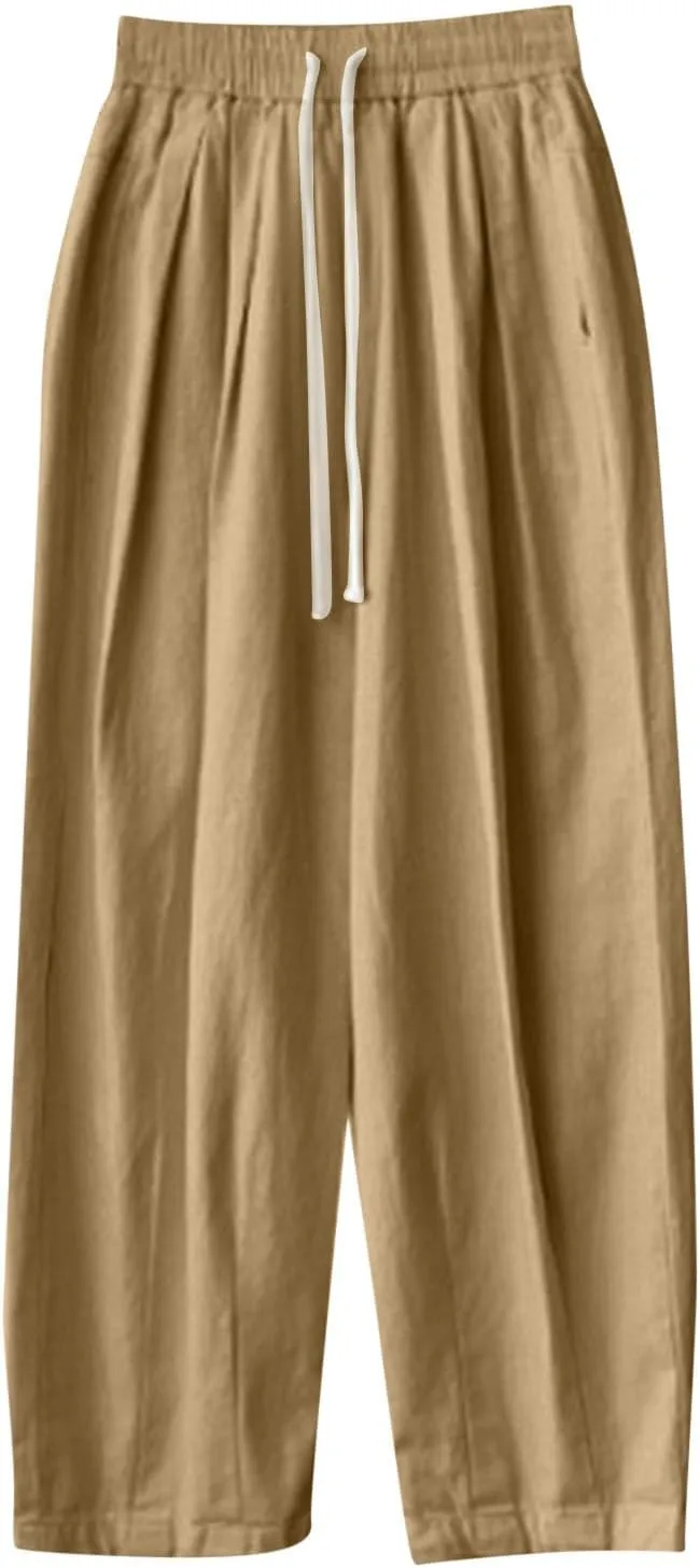 FZYLQY Women's Cotton Linen Pants Casual Baggy Harem Pants Loose Fit High Waisted Beach Drawstring Palazzo Trousers Pockets