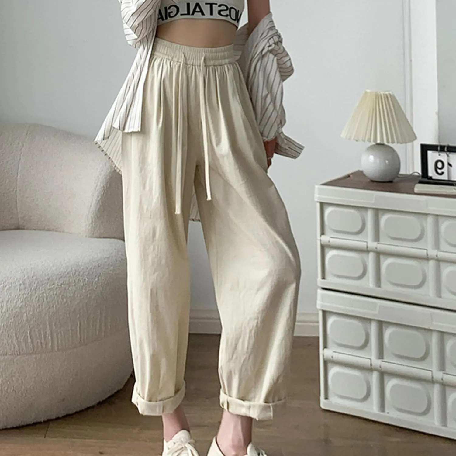 FZYLQY Women's Cotton Linen Pants Casual Baggy Harem Pants Loose Fit High Waisted Beach Drawstring Palazzo Trousers Pockets