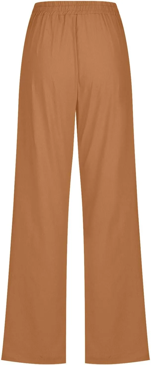 FZYLQY Womens Cotton Linen Pants Casual Drawstring Elastic High Waist Straight Leg Pants Loose Comfy Trousers with Pockets