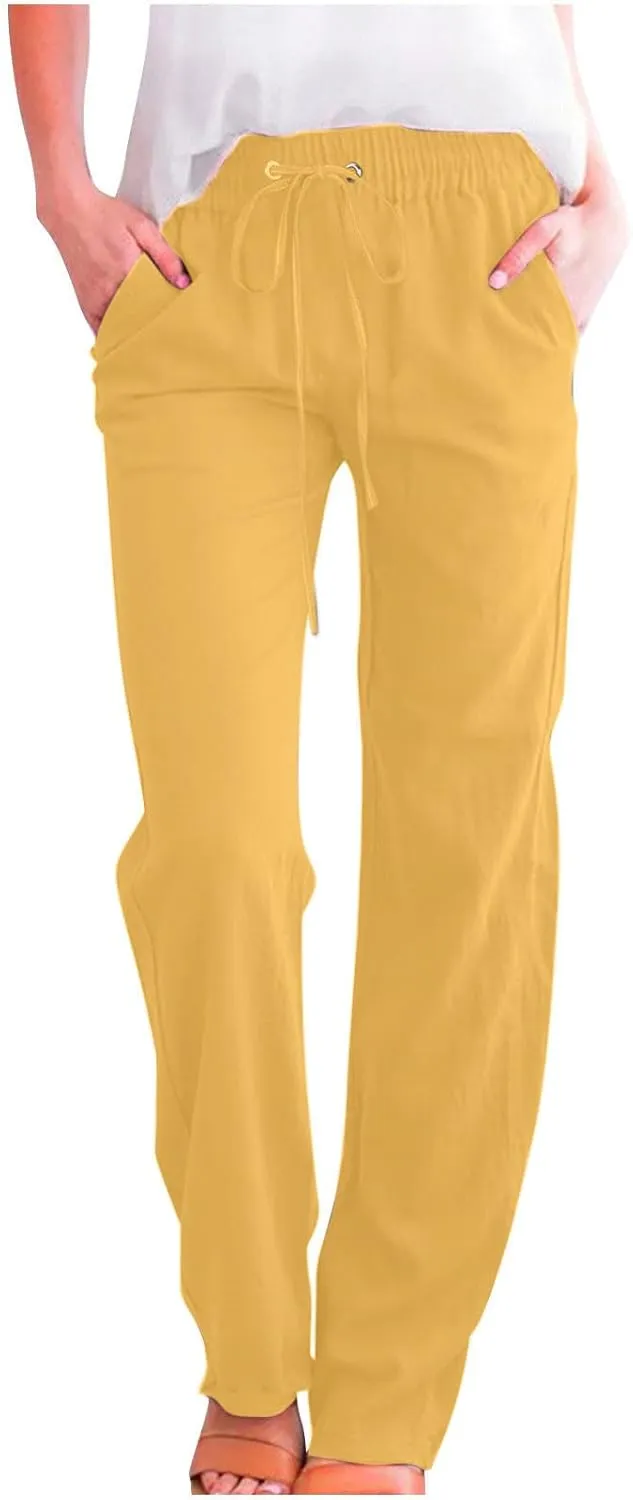 FZYLQY Womens Cotton Linen Pants Casual Drawstring Elastic High Waist Straight Leg Pants Loose Comfy Trousers with Pockets