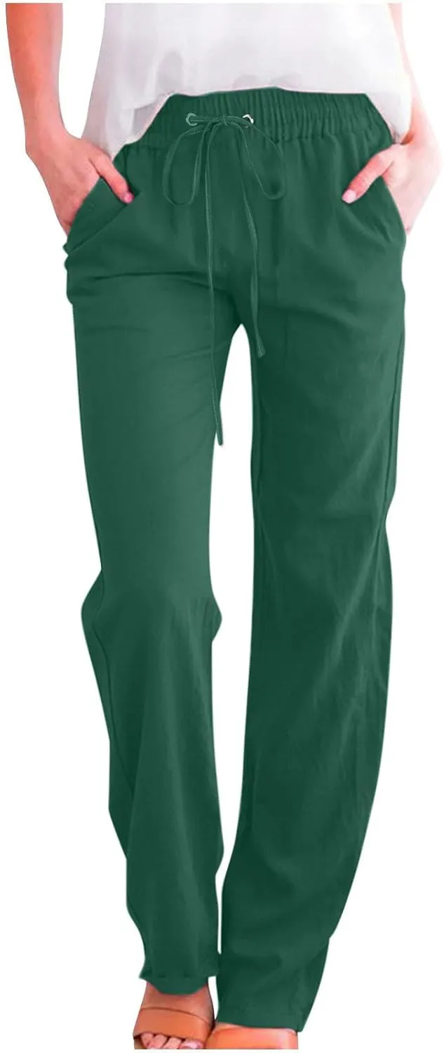 FZYLQY Womens Cotton Linen Pants Casual Drawstring Elastic High Waist Straight Leg Pants Loose Comfy Trousers with Pockets