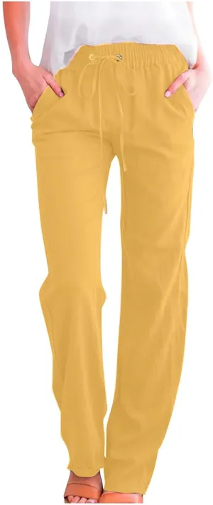 FZYLQY Womens Cotton Linen Pants Casual Drawstring Elastic High Waist Straight Leg Pants Loose Comfy Trousers with Pockets
