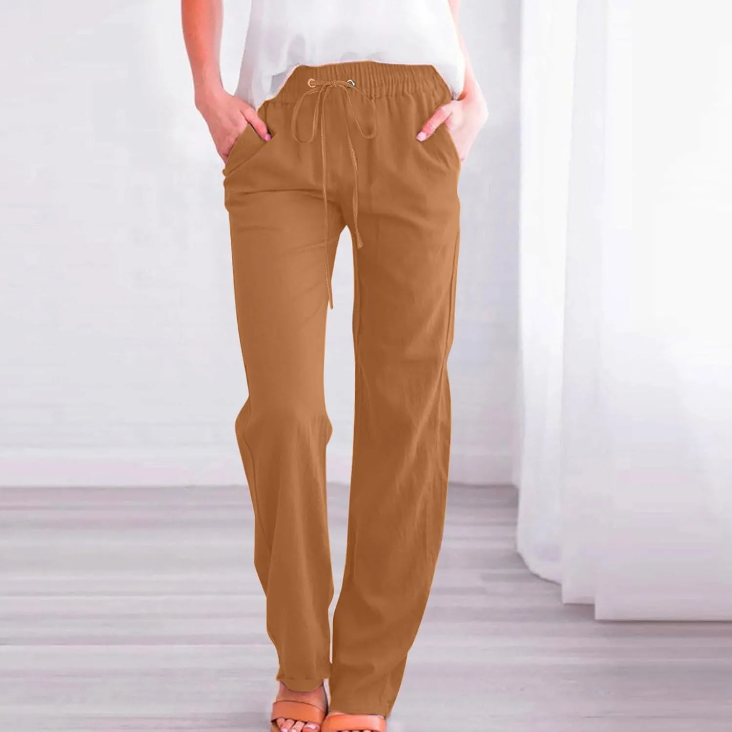 FZYLQY Womens Cotton Linen Pants Casual Drawstring Elastic High Waist Straight Leg Pants Loose Comfy Trousers with Pockets