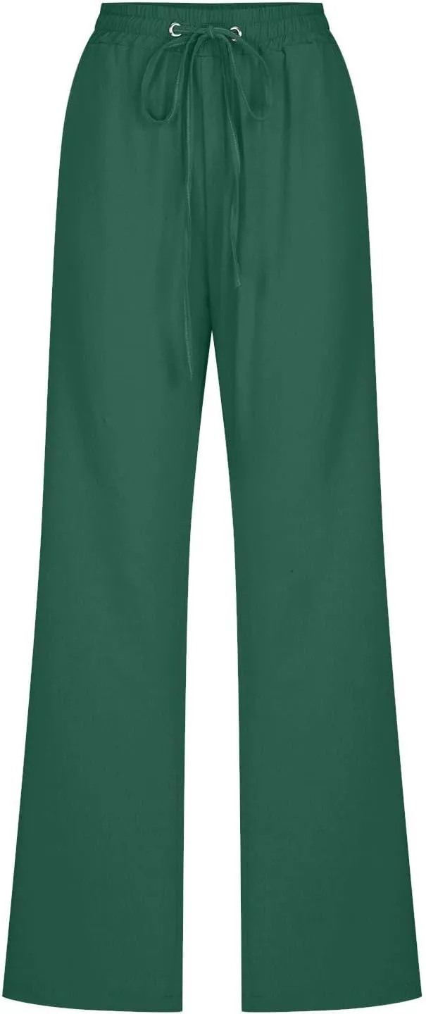 FZYLQY Womens Cotton Linen Pants Casual Drawstring Elastic High Waist Straight Leg Pants Loose Comfy Trousers with Pockets