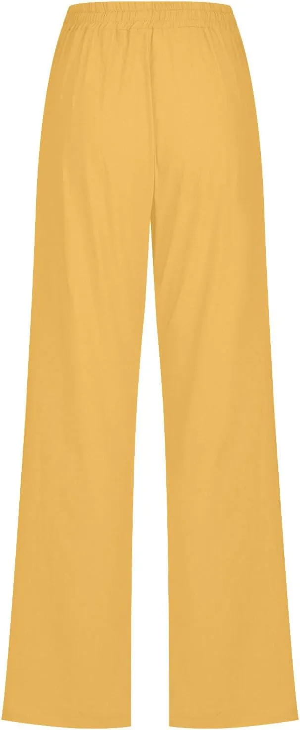 FZYLQY Womens Cotton Linen Pants Casual Drawstring Elastic High Waist Straight Leg Pants Loose Comfy Trousers with Pockets