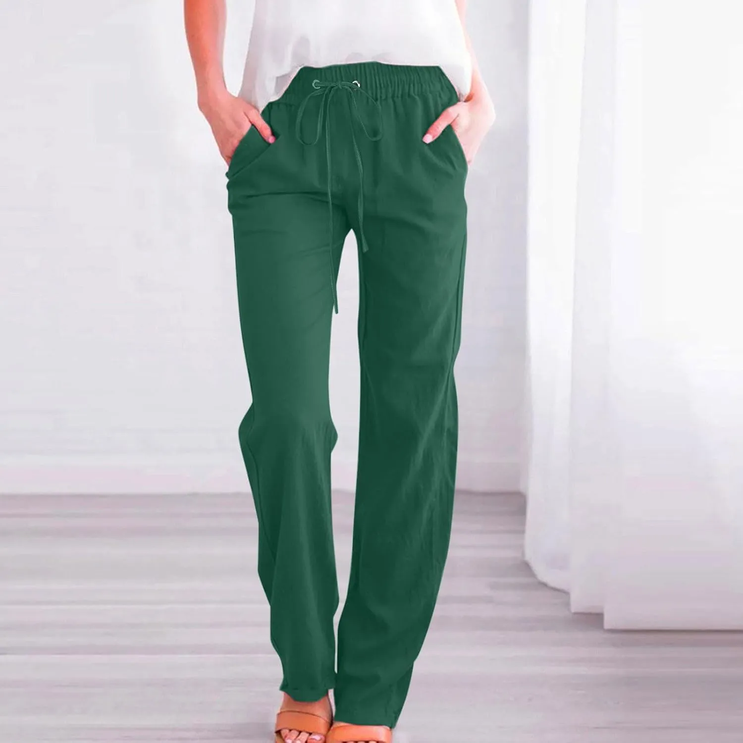 FZYLQY Womens Cotton Linen Pants Casual Drawstring Elastic High Waist Straight Leg Pants Loose Comfy Trousers with Pockets