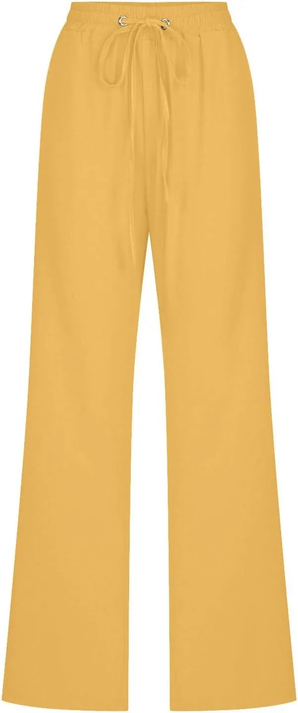 FZYLQY Womens Cotton Linen Pants Casual Drawstring Elastic High Waist Straight Leg Pants Loose Comfy Trousers with Pockets