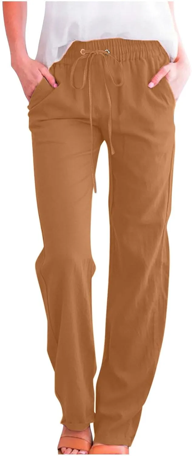 FZYLQY Womens Cotton Linen Pants Casual Drawstring Elastic High Waist Straight Leg Pants Loose Comfy Trousers with Pockets