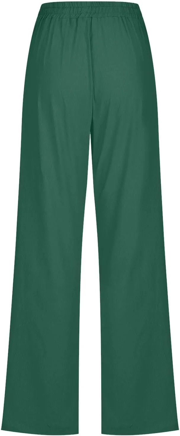 FZYLQY Womens Cotton Linen Pants Casual Drawstring Elastic High Waist Straight Leg Pants Loose Comfy Trousers with Pockets