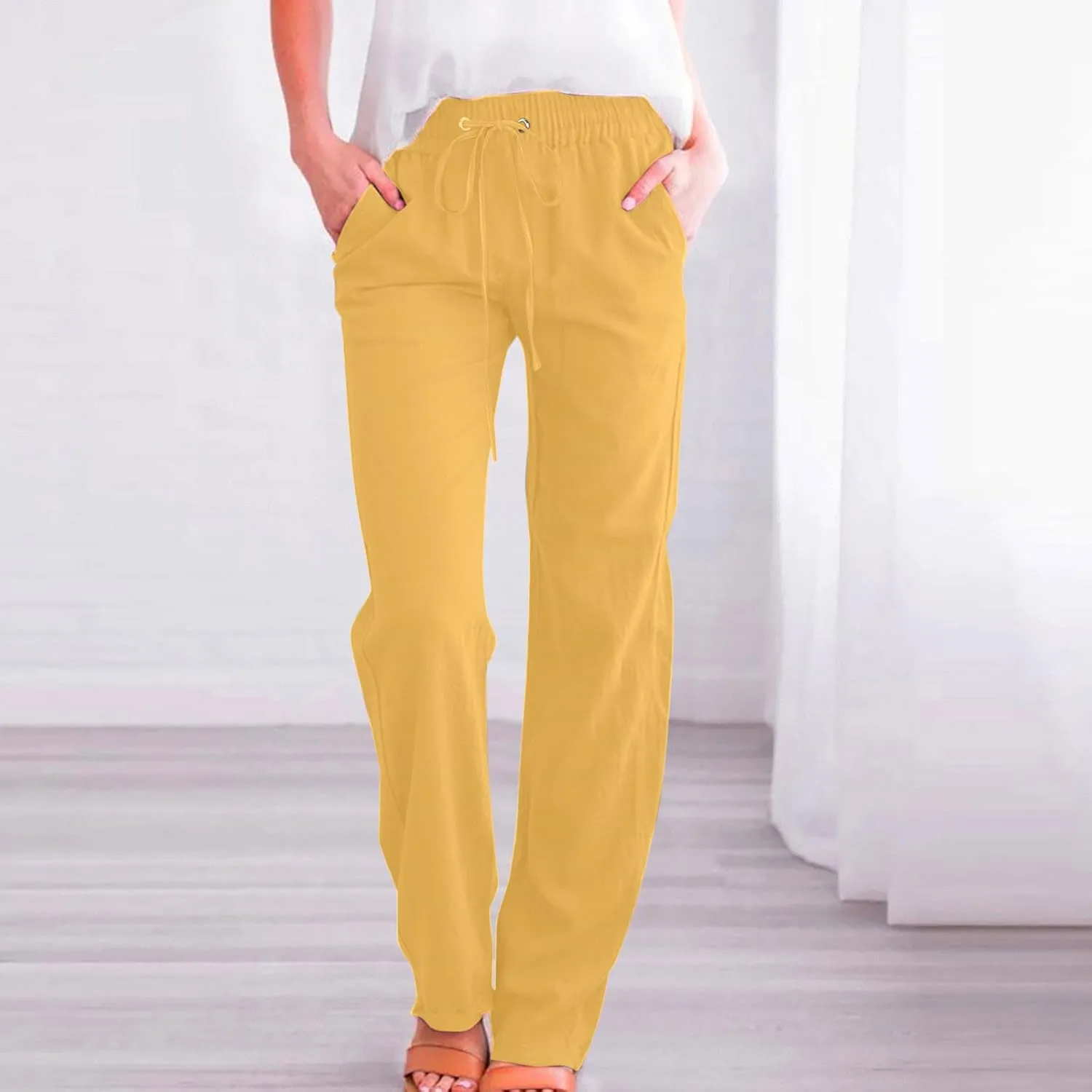 FZYLQY Womens Cotton Linen Pants Casual Drawstring Elastic High Waist Straight Leg Pants Loose Comfy Trousers with Pockets