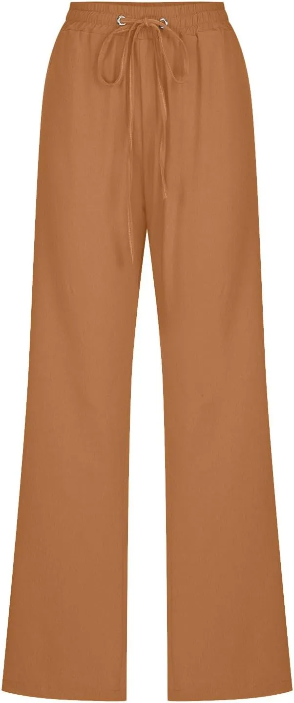 FZYLQY Womens Cotton Linen Pants Casual Drawstring Elastic High Waist Straight Leg Pants Loose Comfy Trousers with Pockets