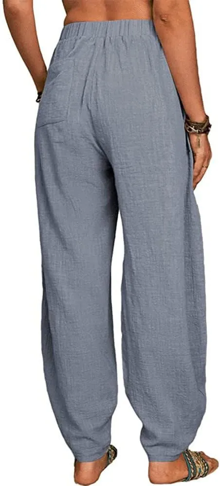 FZYLQY Womens Cotton Linen Pants Harem High Waisted Wide Leg Trousers Loose Elastic Fashion Solid Summer Pant with Pockets