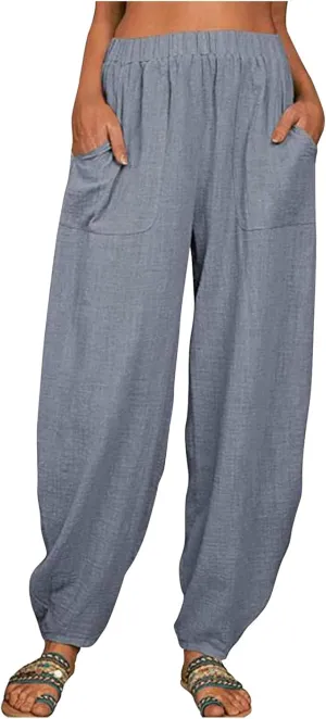 FZYLQY Womens Cotton Linen Pants Harem High Waisted Wide Leg Trousers Loose Elastic Fashion Solid Summer Pant with Pockets