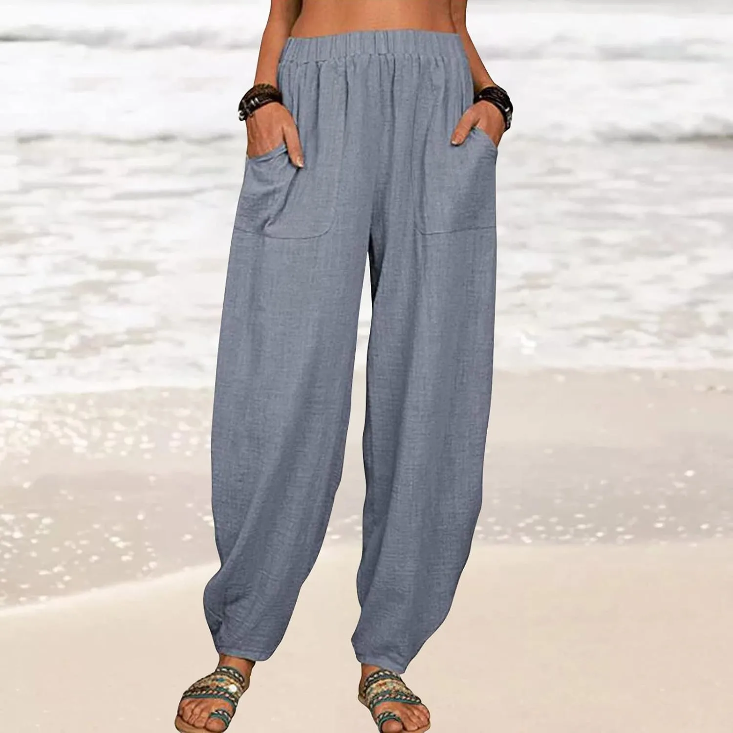 FZYLQY Womens Cotton Linen Pants Harem High Waisted Wide Leg Trousers Loose Elastic Fashion Solid Summer Pant with Pockets