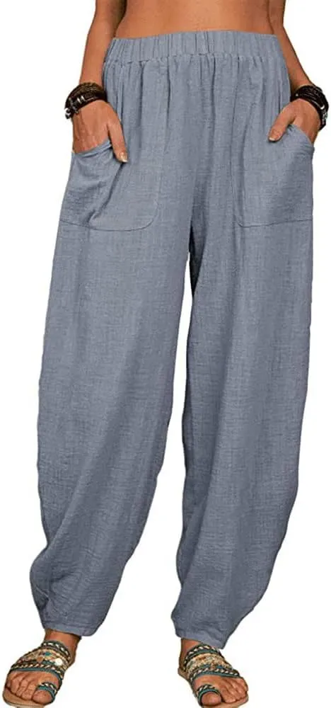 FZYLQY Womens Cotton Linen Pants Harem High Waisted Wide Leg Trousers Loose Elastic Fashion Solid Summer Pant with Pockets