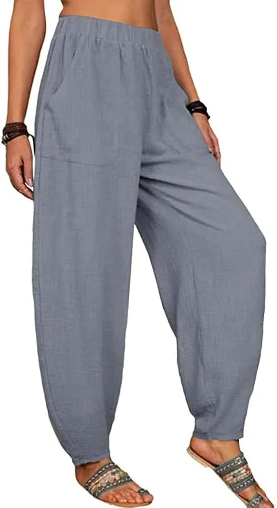 FZYLQY Womens Cotton Linen Pants Harem High Waisted Wide Leg Trousers Loose Elastic Fashion Solid Summer Pant with Pockets