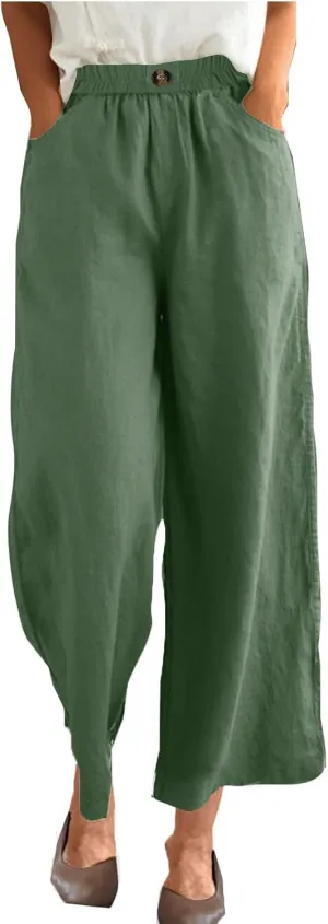 FZYLQY Womens Cotton Linen Pants Solid Button Elastic Waist Casual Wide Leg Trousers Loose Lightweight Comfy Lounge Pants