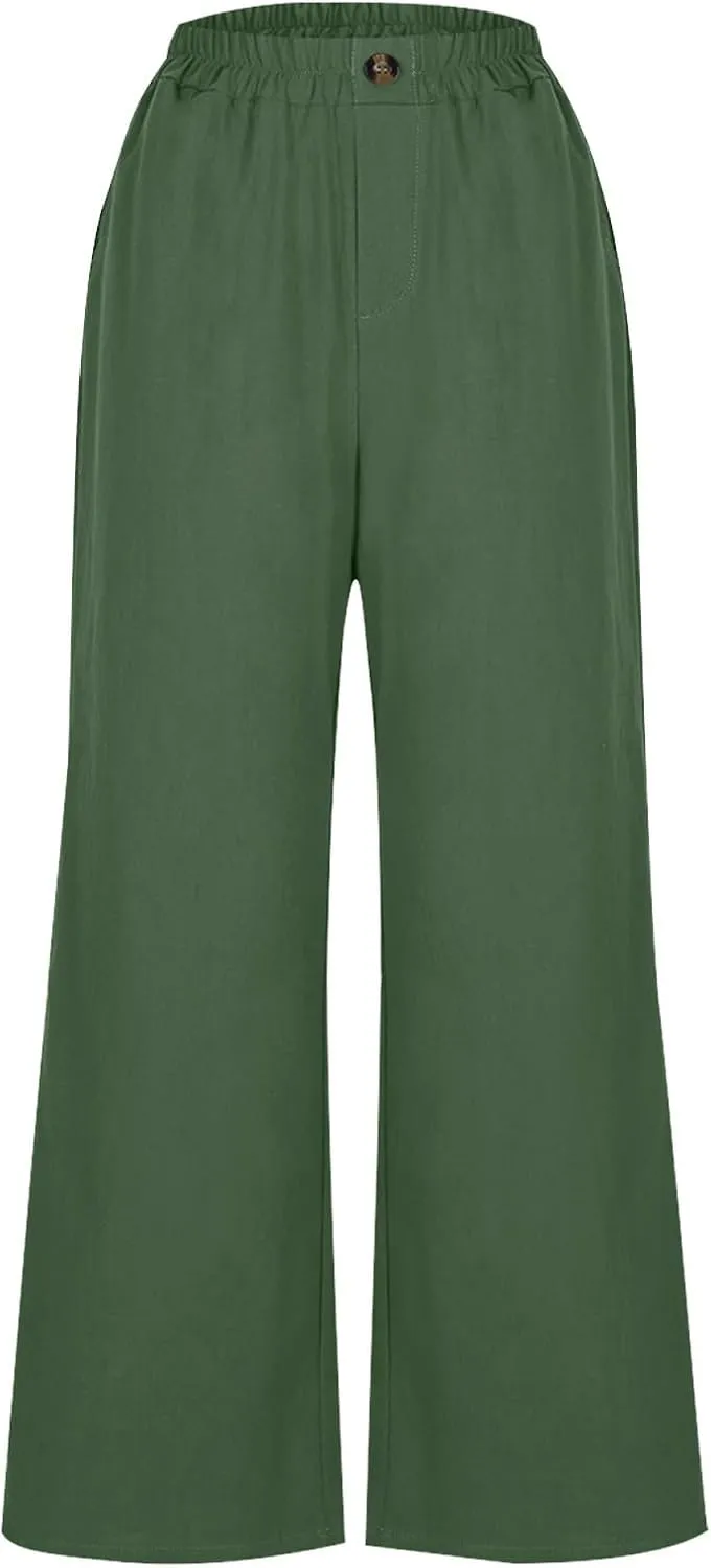 FZYLQY Womens Cotton Linen Pants Solid Button Elastic Waist Casual Wide Leg Trousers Loose Lightweight Comfy Lounge Pants
