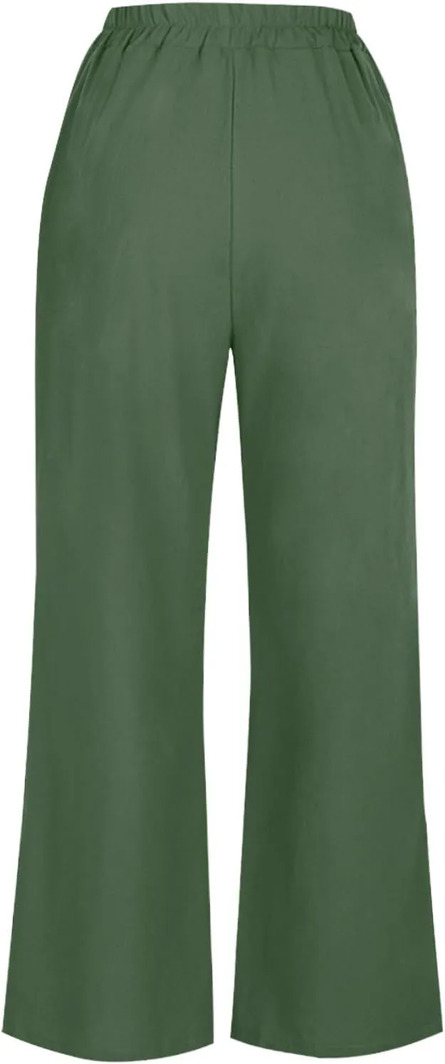 FZYLQY Womens Cotton Linen Pants Solid Button Elastic Waist Casual Wide Leg Trousers Loose Lightweight Comfy Lounge Pants