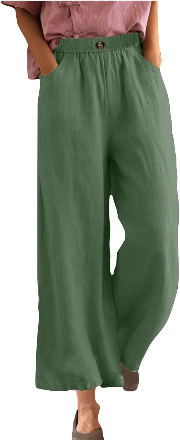 FZYLQY Womens Cotton Linen Pants Solid Button Elastic Waist Casual Wide Leg Trousers Loose Lightweight Comfy Lounge Pants