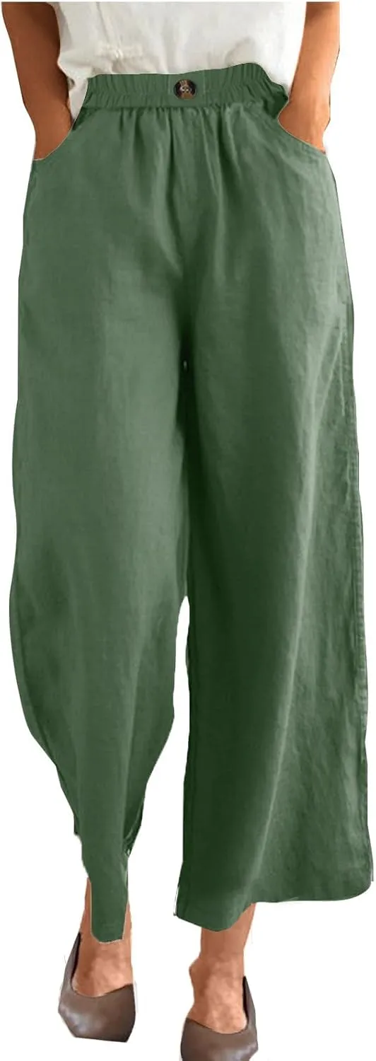 FZYLQY Womens Cotton Linen Pants Solid Button Elastic Waist Casual Wide Leg Trousers Loose Lightweight Comfy Lounge Pants