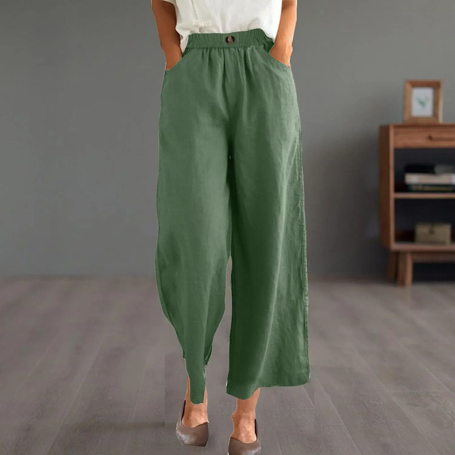 FZYLQY Womens Cotton Linen Pants Solid Button Elastic Waist Casual Wide Leg Trousers Loose Lightweight Comfy Lounge Pants