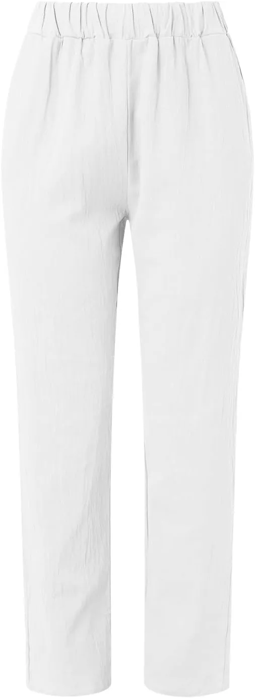 FZYLQY Women's Fashion Linen Pants Elastic Waist Solid Cotton Linen Pants Summer Casual Lounge Beach Trousers with Pockets