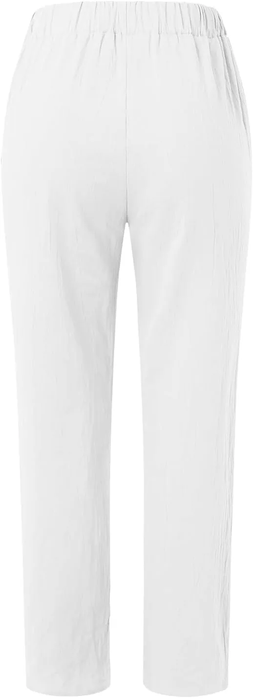FZYLQY Women's Fashion Linen Pants Elastic Waist Solid Cotton Linen Pants Summer Casual Lounge Beach Trousers with Pockets