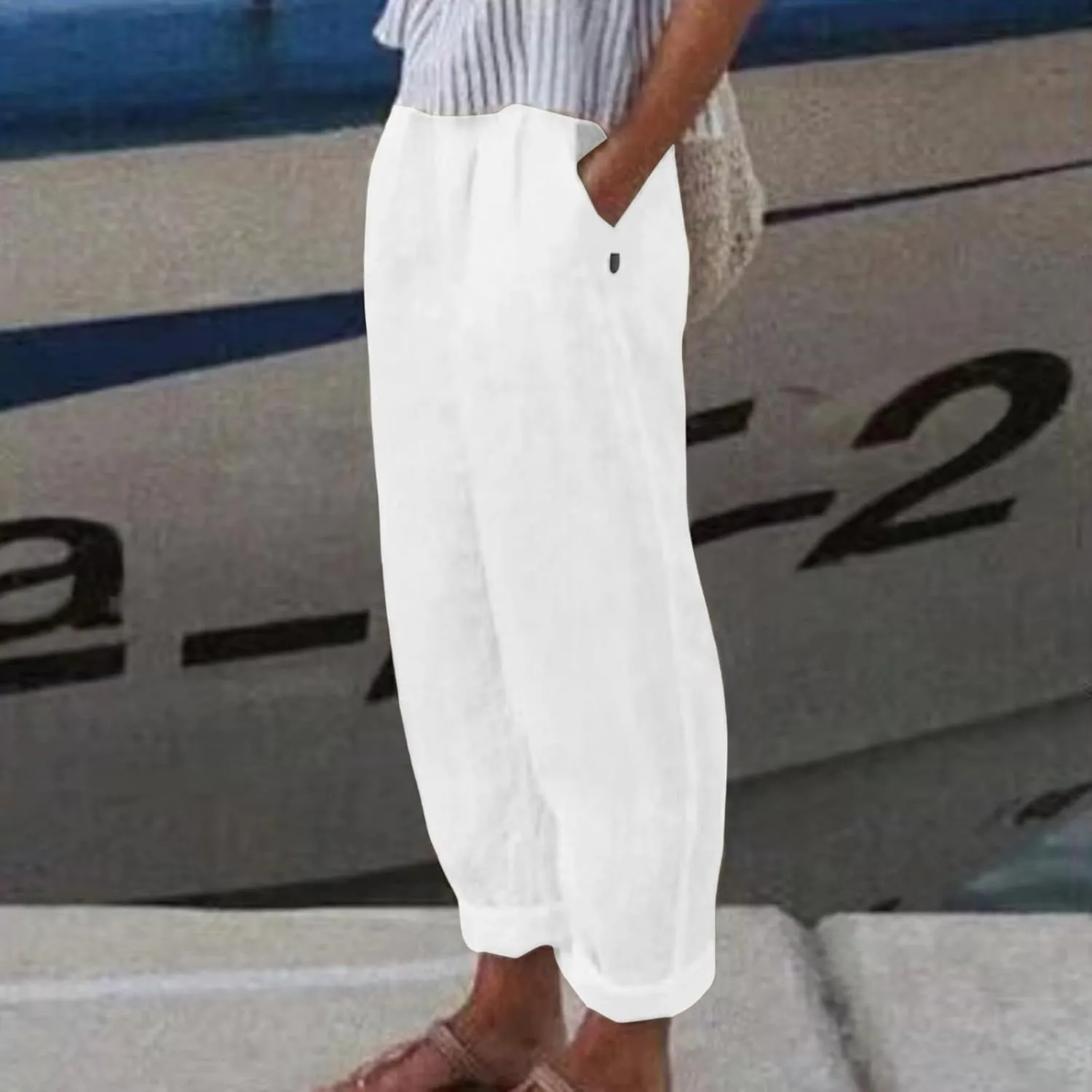 FZYLQY Women's Fashion Linen Pants Elastic Waist Solid Cotton Linen Pants Summer Casual Lounge Beach Trousers with Pockets