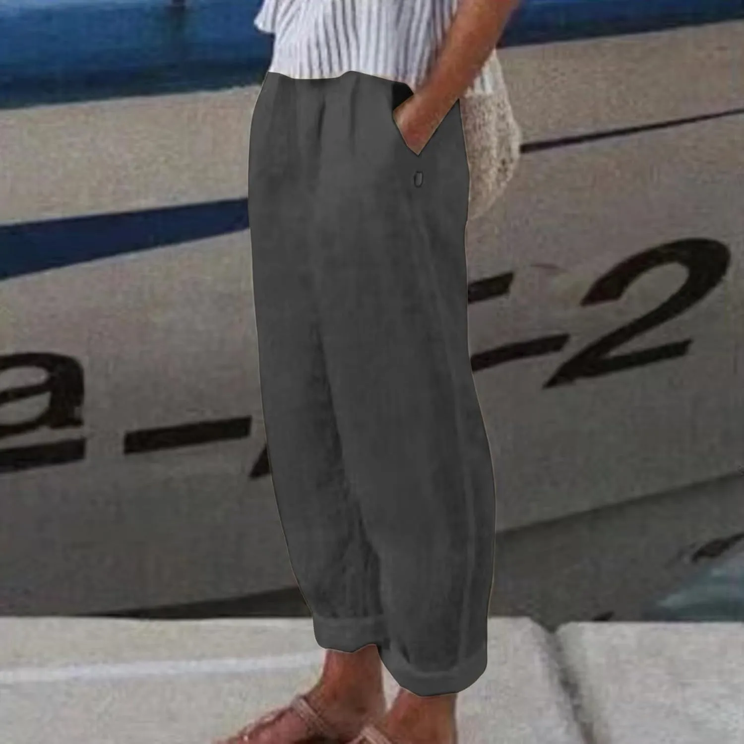 FZYLQY Women's Fashion Linen Pants Elastic Waist Solid Cotton Linen Pants Summer Casual Lounge Beach Trousers with Pockets