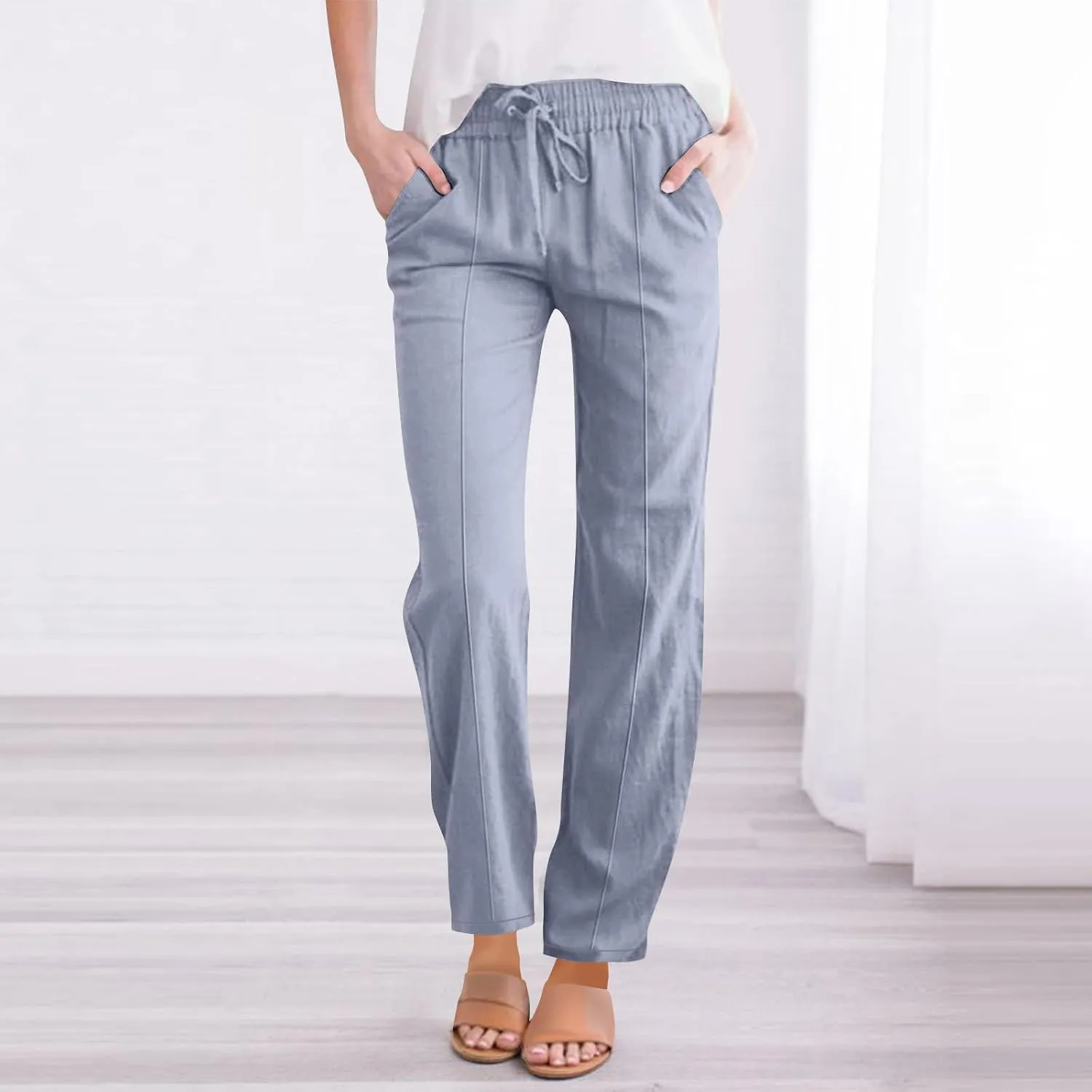 FZYLQY Womens Linen Pants 2025 Summer High Waisted Drawstring Lounge Trousers Beach Straight Wide Leg Palazzo Joggers