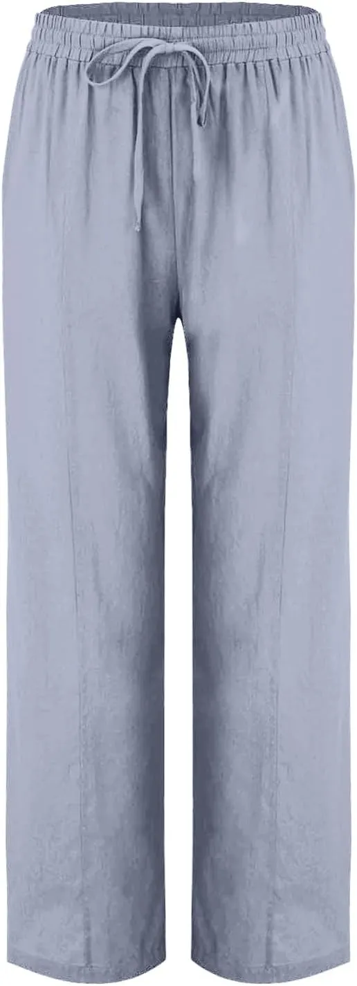 FZYLQY Womens Linen Pants 2025 Summer High Waisted Drawstring Lounge Trousers Beach Straight Wide Leg Palazzo Joggers