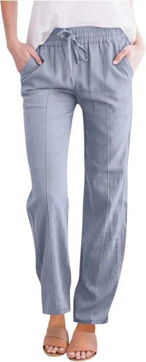 FZYLQY Womens Linen Pants 2025 Summer High Waisted Drawstring Lounge Trousers Beach Straight Wide Leg Palazzo Joggers