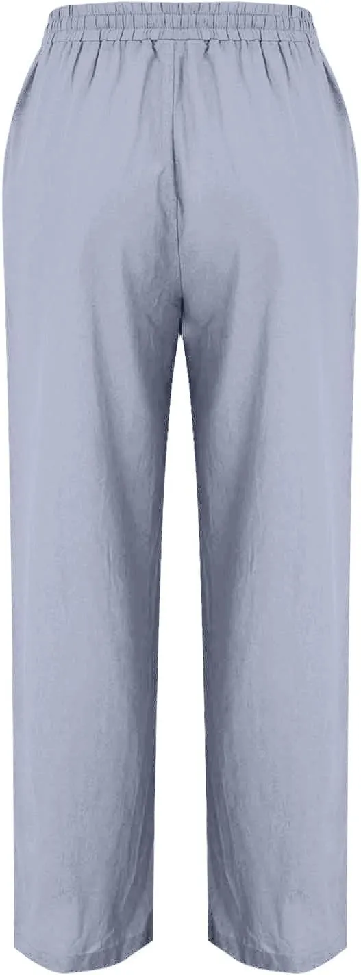 FZYLQY Womens Linen Pants 2025 Summer High Waisted Drawstring Lounge Trousers Beach Straight Wide Leg Palazzo Joggers