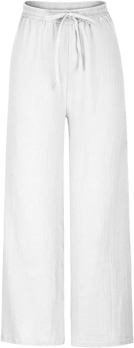 FZYLQY Women's Linen Pants Bell-Bottoms Tie Knot Trousers Slacks Summer Beach Loose Flowy Capri Pants Palazzo Lounge Pants