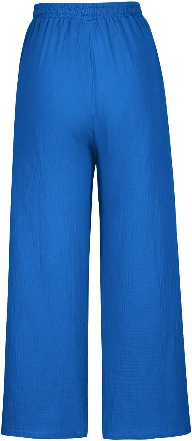 FZYLQY Women's Linen Pants Bell-Bottoms Tie Knot Trousers Slacks Summer Beach Loose Flowy Capri Pants Palazzo Lounge Pants
